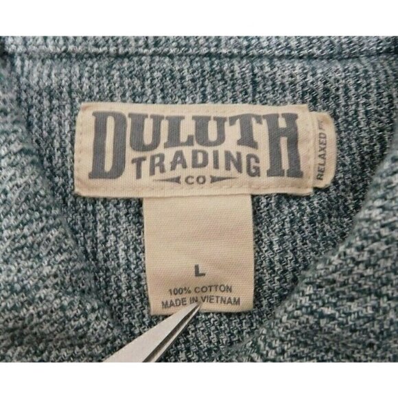DULUTH TRADING CO green & beige cotton button up shirt relaxed fit, men's size L - Picture 2 of 6